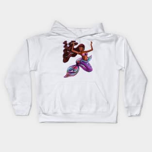 mermaid with flowing red braids,   Afro hair and caramel brown skin. Black mermaid Kids Hoodie